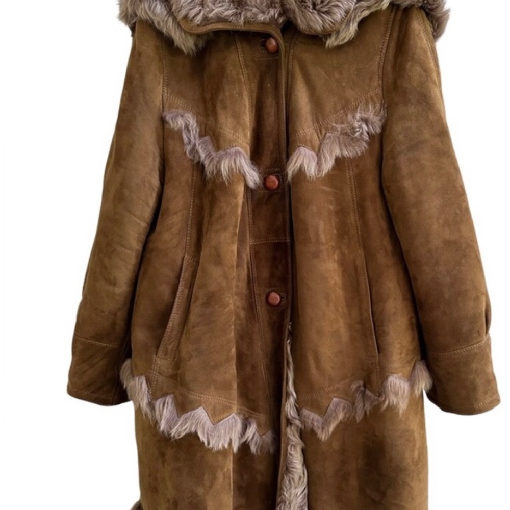 Women’s Brown Suede Shearling Coat with Fur Trim